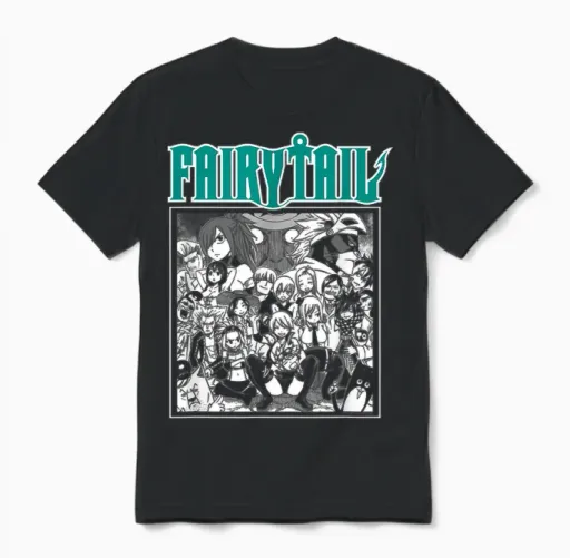 Fairy Tail Manga Black and White Group Shot Anime Unisex T-Shirt in Black