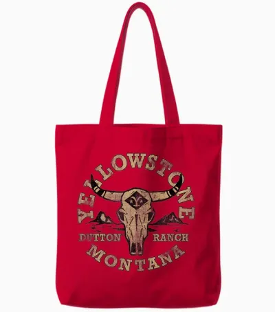 Yellowstone Dutton Ranch Bull Skull Logo V2 T-Shirt, Gray Tote Bags - Red