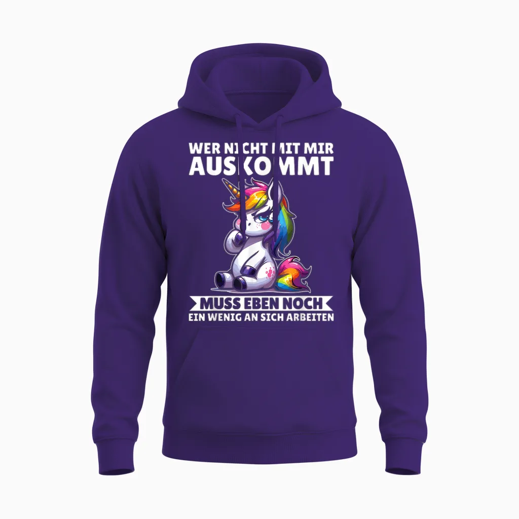 T-Shirt with German Text "wer Nicht Mit Mir Auskommt an Sich Arbeiten Unicorn" Unisex Hoodie in Purple