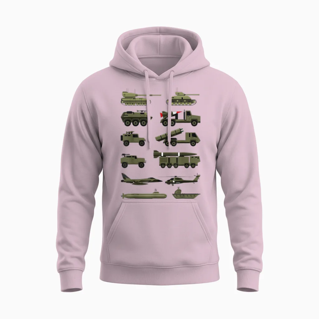 Military Vehicles, Military Boys and Girls Tank Lovers Unisex Hoodie in Light Pink