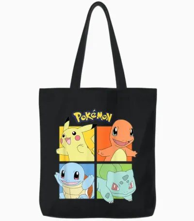 Pokémon - Pikachu Charmander Squirtle Bulbasaur Kanto Region Tote Bags - Black