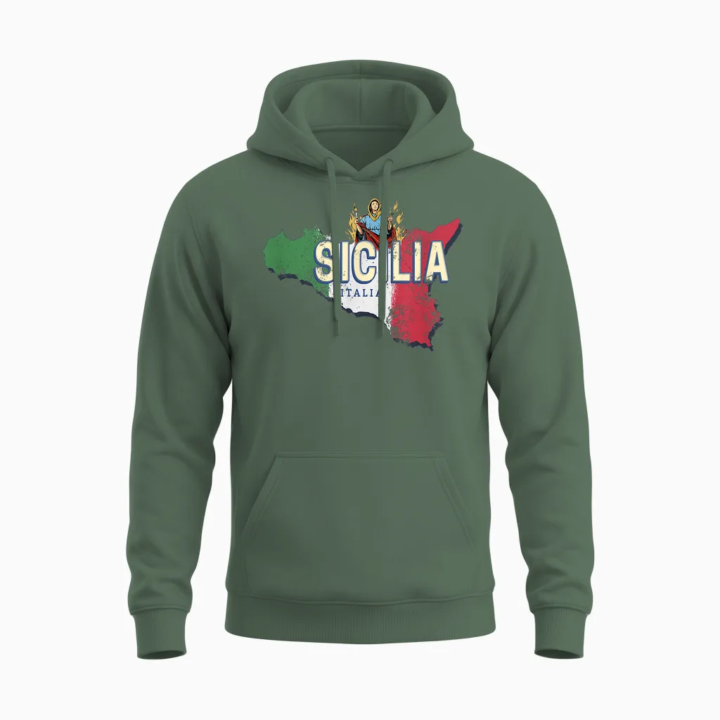 Sicile Et Drapeau Italie Carte Région Rétro Souvenir Vintage Unisex Hoodie in Military Green