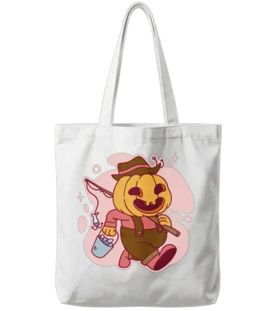 Funny Pumpkin Fisherman Cartoon Design Tote Bags - White