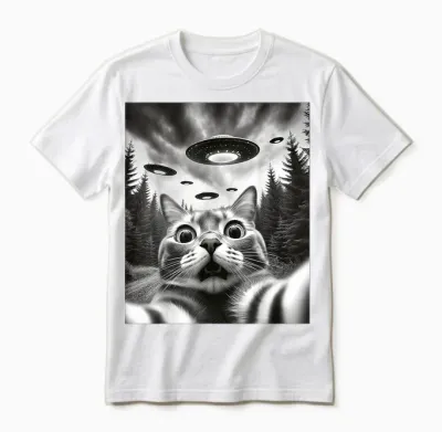 Alien Ufo Cat Selfie Funny Cat with Ufo T-Shirt, Black Unisex T-Shirt - White