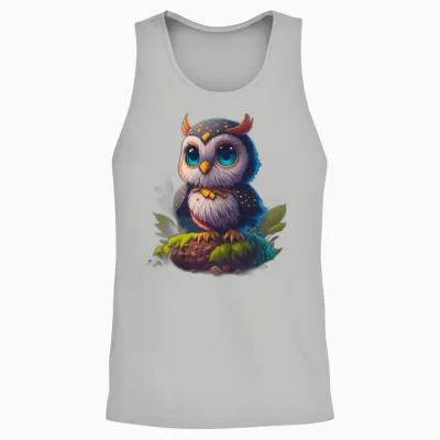Detailed Cute Owl Design Unisex Tank Top - Ash