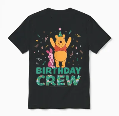 Disney Winnie the Pooh & Piglet Birthday Crew Party Matching Unisex T-Shirt - Black