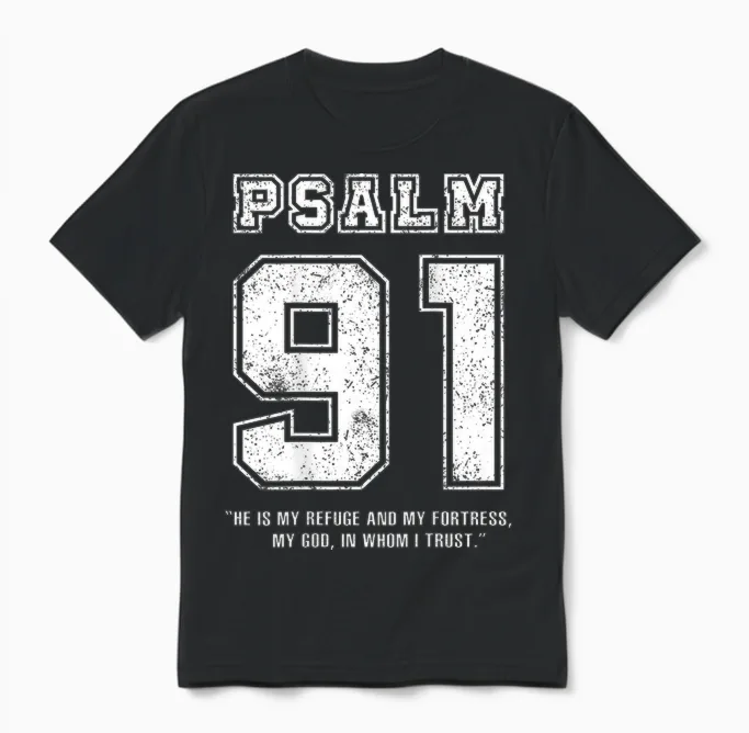 Psalm 91 Jersey Look Bible Verse (back Print Only) Christian T-Shirt, Black Unisex T-Shirt in Black