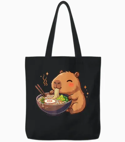 Capybara with Noodles Ramen Kawaii Capybara Tote Bags - Black