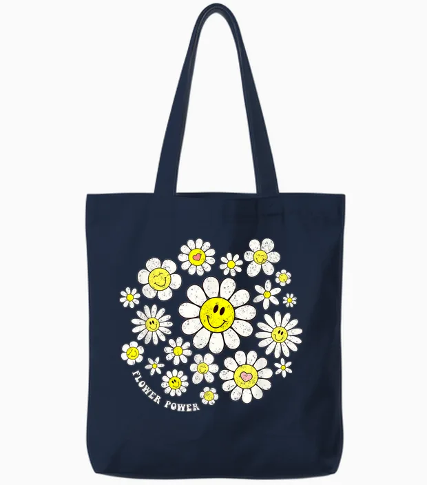 Flower Power Süßes Lächeln, Gesichtsblume, Happy Face, Blumen, Mädchen Tote Bags in Navy