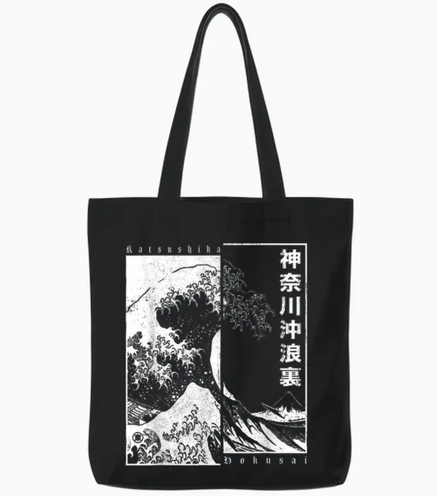 Japanese Otaku Motifs Japan Style Katsushika Hokusai the Great Wave off Kanagawa T-Shirt for Japan Fans, Anime Fans, Unisex Half Sleeve T-Shirt, Black, Small Tote Bags in Black