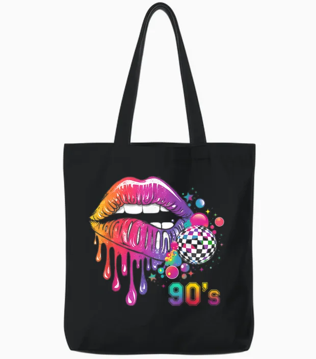 90's Carnival Costume Lips 80s 90s Party T-Shirt, Black Tote Bags in Black