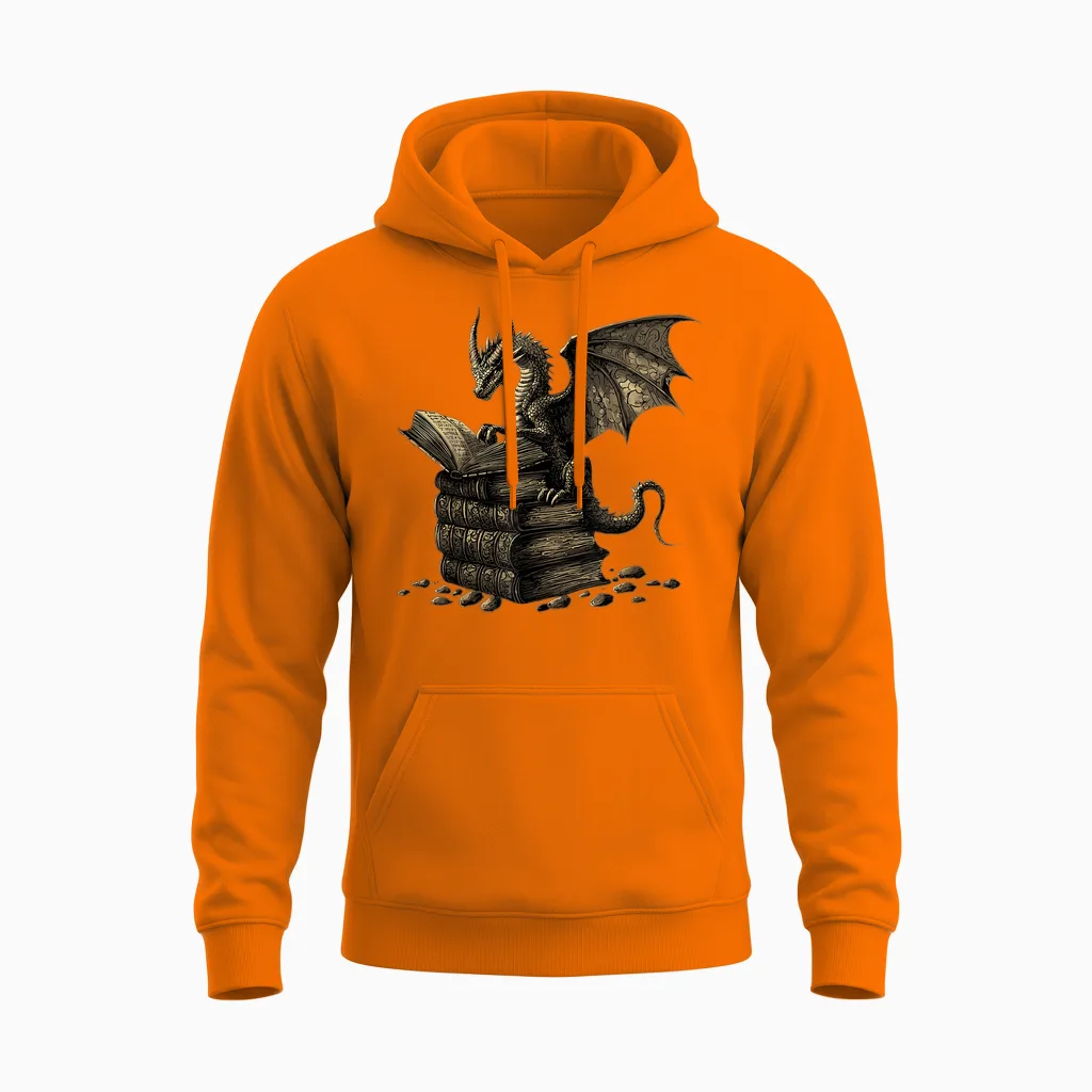 Cute Dragon Reading Book Fantasy Reader Bookworm Books Lovers Unisex Hoodie in Safety Orange