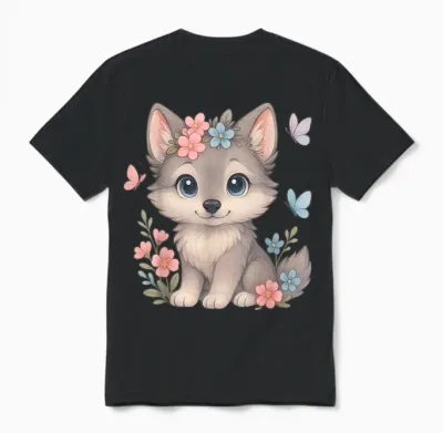 Cute Baby Wolf with Flowers Sakura Floral I Kids Wolf Women Unisex T-Shirt - Black