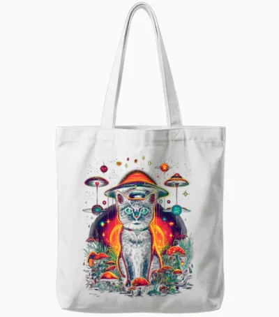 Psychedelische Katze Im Weltraum Trippy Alien Galaxy Visual Tote Bags - White