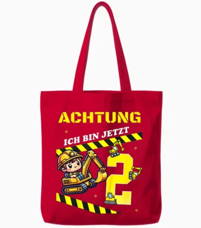 Kids 2nd Birthday Digger Construction Worker 2 Year Old Boy Gift T-Shirt, Black Tote Bags - Red