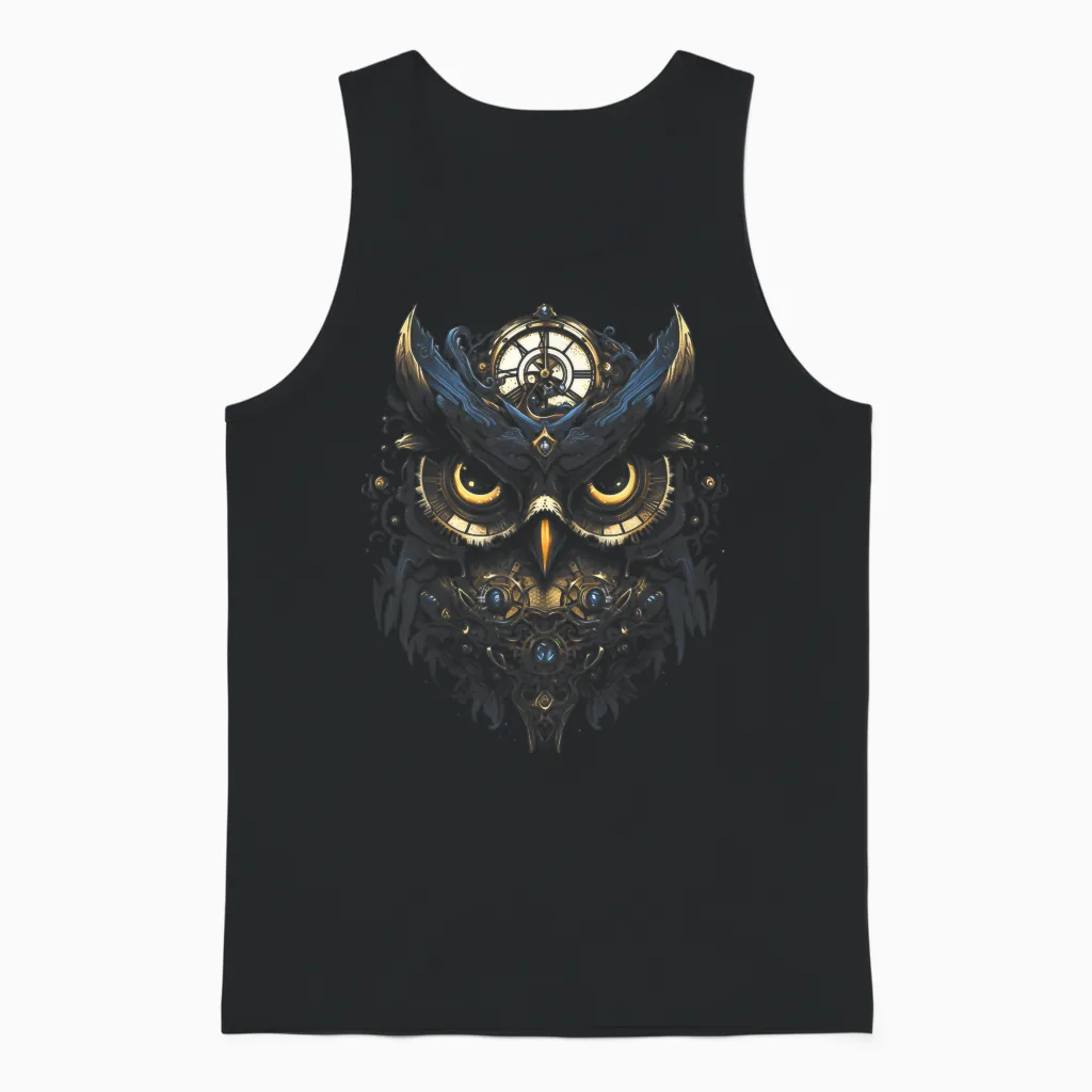 Steampunk Mechanical Owl Victorian Bird T-Shirt, Black Unisex Tank Top in Black
