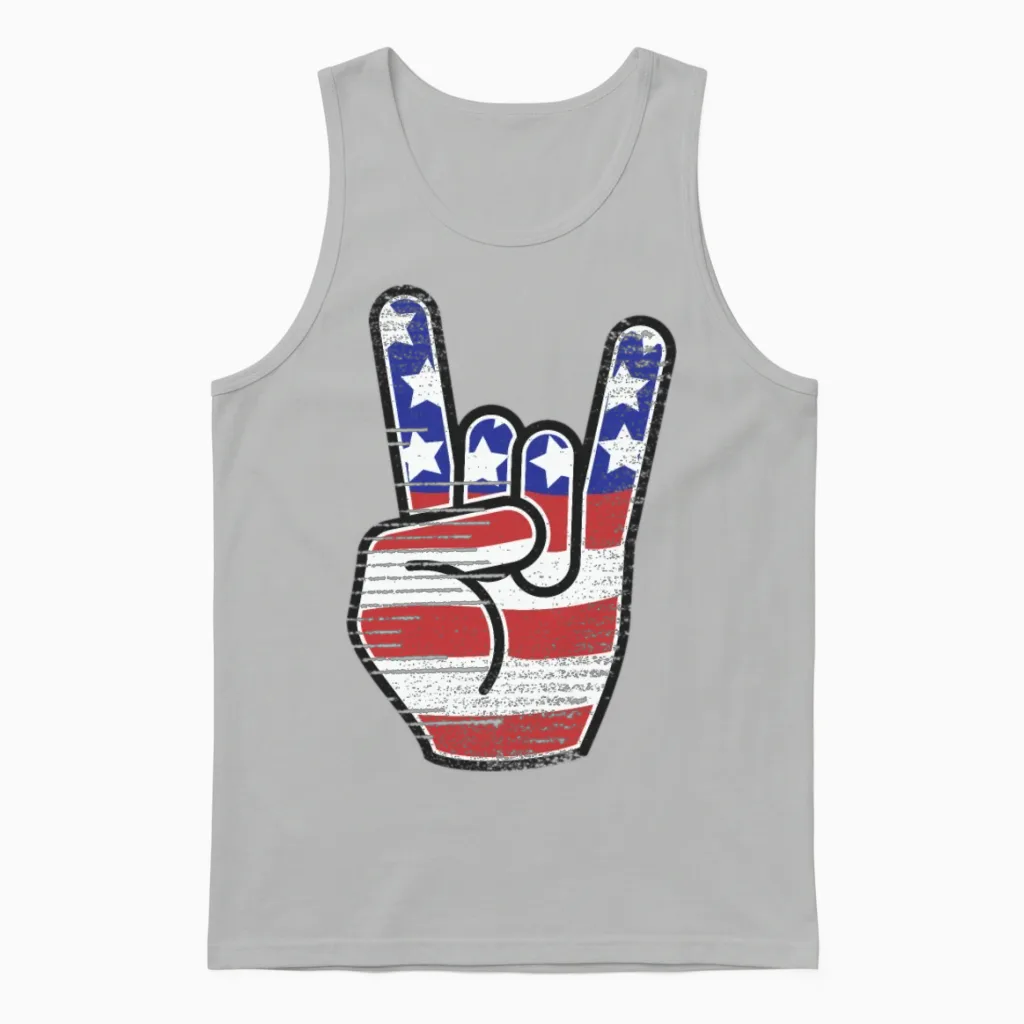 Rock N Roll Usa Flag Horns Sign Retro Concert Band Unisex Tank Top in Ash