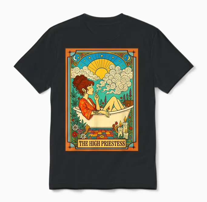 Cannabis Weed Lover 420 Stoned the High Priestess Tarotkarte Unisex T-Shirt in Black