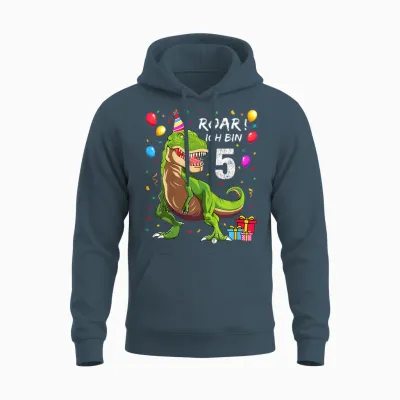 Children's Birthday Shirt 5 Years Boy Dinosaur Dino I Am 5 T-Shirt, Black Unisex Hoodie - Dark Heather