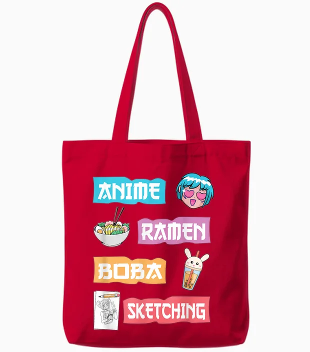 Anime Ramen Boba Sketching - Kawaii Anime Lover Merch Gift T-Shirt Small Tote Bags in Red