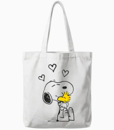 Peanuts - Snoopy Woodstock T-Shirt with German Text "ich Halte Dich Fest", Black, S Tote Bags - White