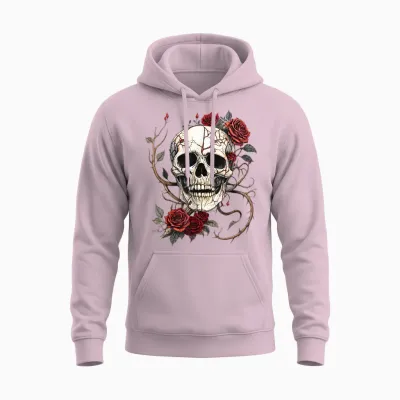 Tête De Mort Roses Rouges Baroque Gothique Vintage Tattoo Unisex Hoodie - Light Pink