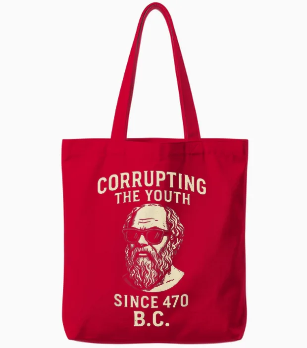 Corrupting the Youth Funny Socrates Philosopher Philosophy Tote Bags in Red