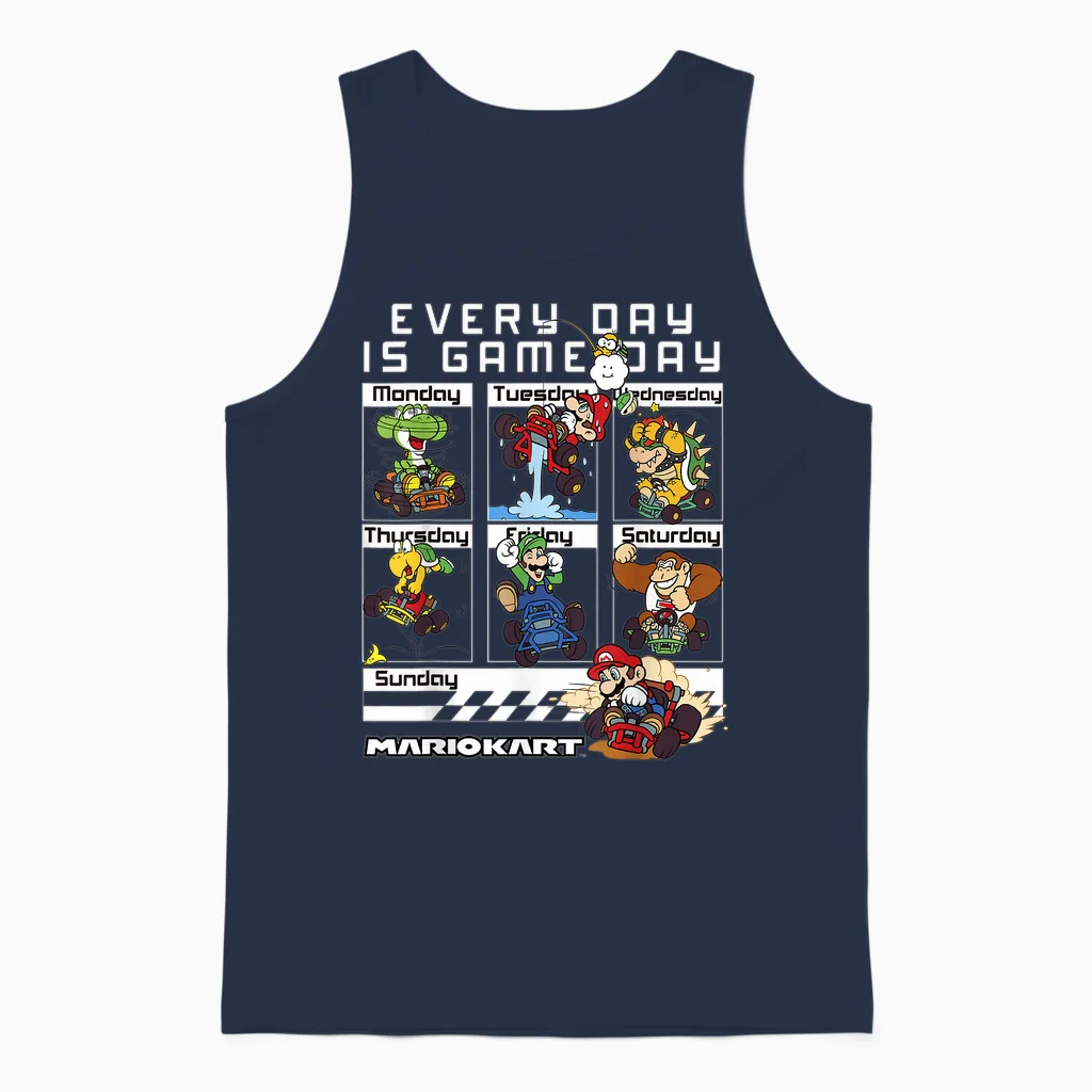 Mario Kart Everyday Is Game Day Group Shot Graphic Unisex Tank Top in Navy