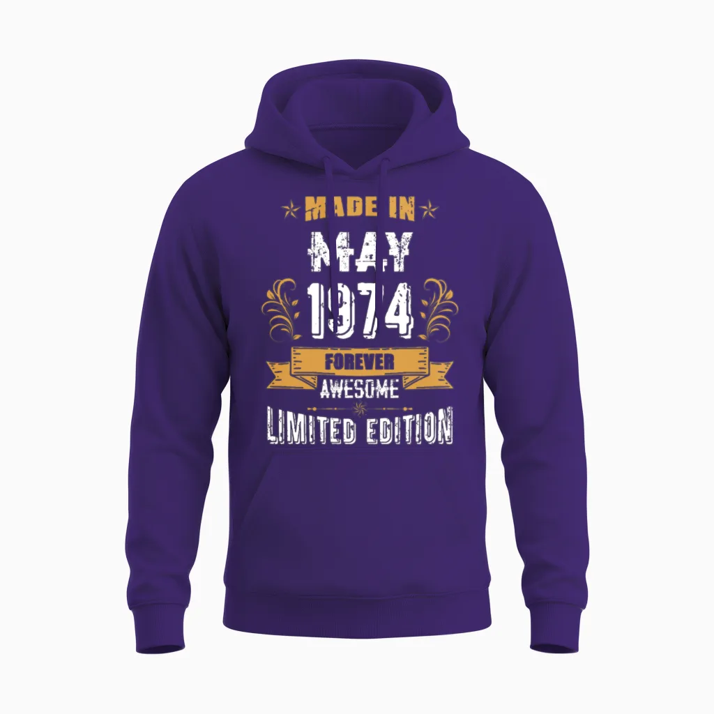 May 1974 Vintage Birthday Present Unisex Hoodie in Purple