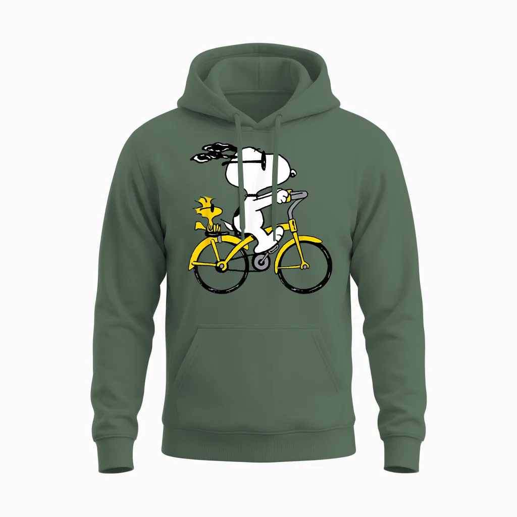 Snoopy & Woodstock Riding Bike Unisex Hoodie in Military Green