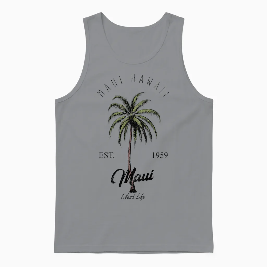 Maui Hawaii Tropical Tree Beach Urlaubsstimmung Auf Der Rückseite Unisex Tank Top in Sport Grey