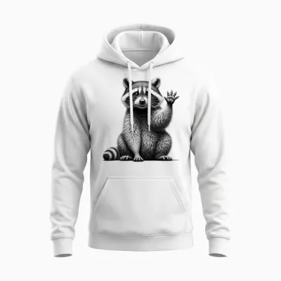Cute Waving Raccoon Drawing Style on Chest T-Shirt, Gray Unisex Hoodie - White