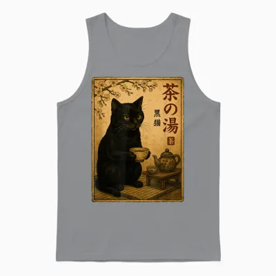 Cat Black Drinking Tea Japanese Vintage Tea Time Unisex Tank Top - Sport Grey