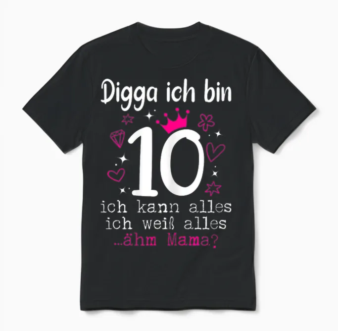10th Birthday Girl - Digga Ich Bin 10 Years T-Shirt, Black Unisex T-Shirt in Black
