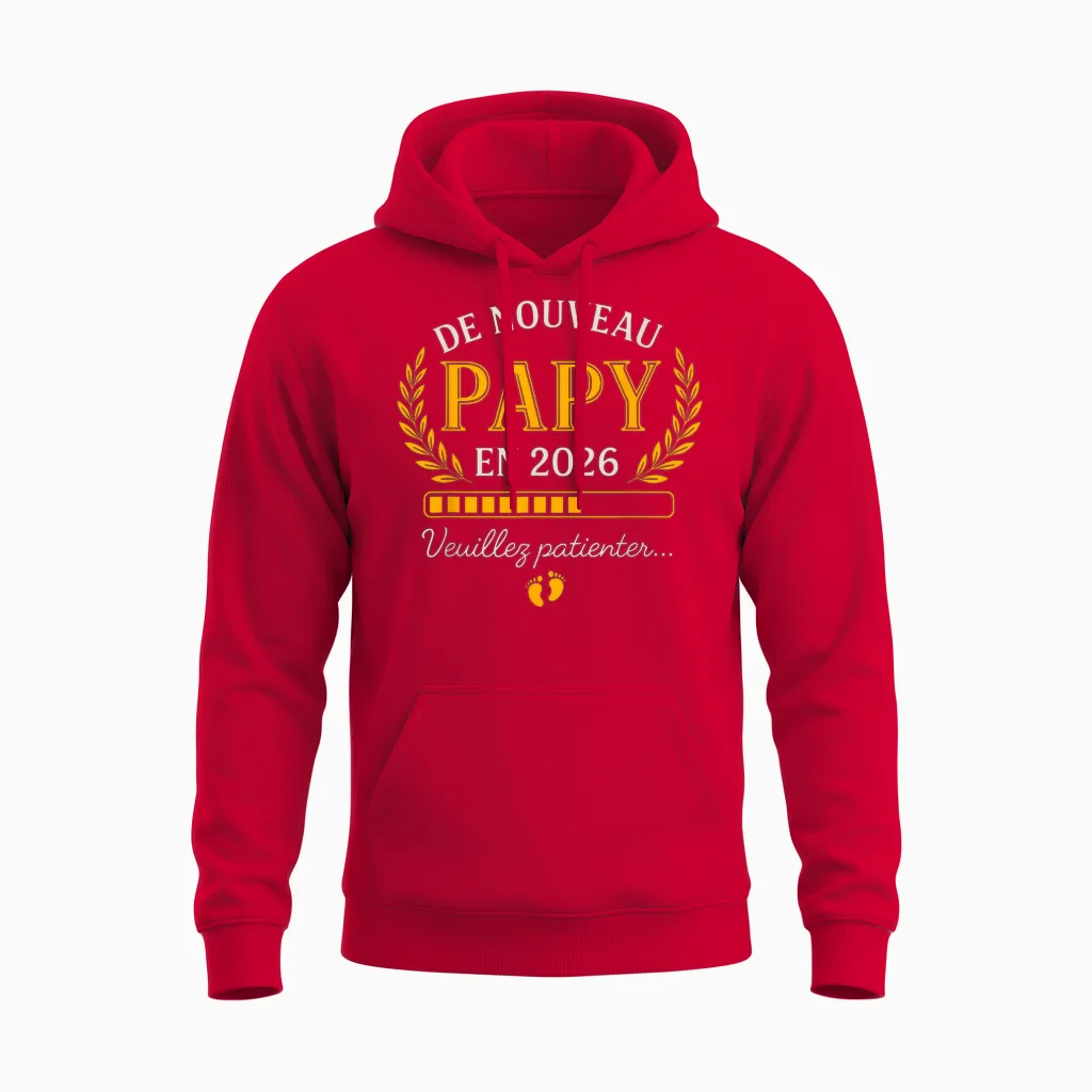 Announcement Grandpa Pregnancy Humour Grand Père Encore Papi 2026 Unisex Hoodie in Red