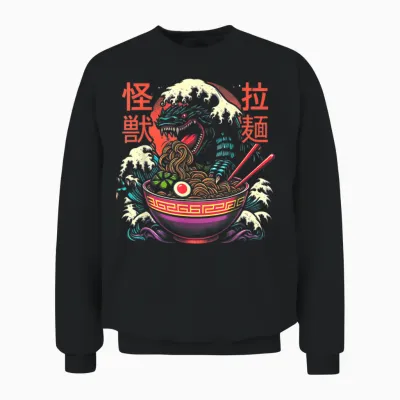 Kaiju Monster Kanagawa Japan Is Ramen Noodles Dragon Anime T-Shirt, Black Unisex Sweatshirt - Black