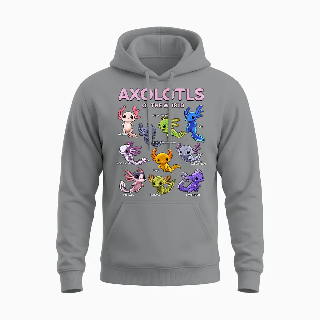 Axolotl Kawaii Shirt Axolotls of the World Axolotl Animals T-Shirt, Black, S Unisex Hoodie in Sport Grey