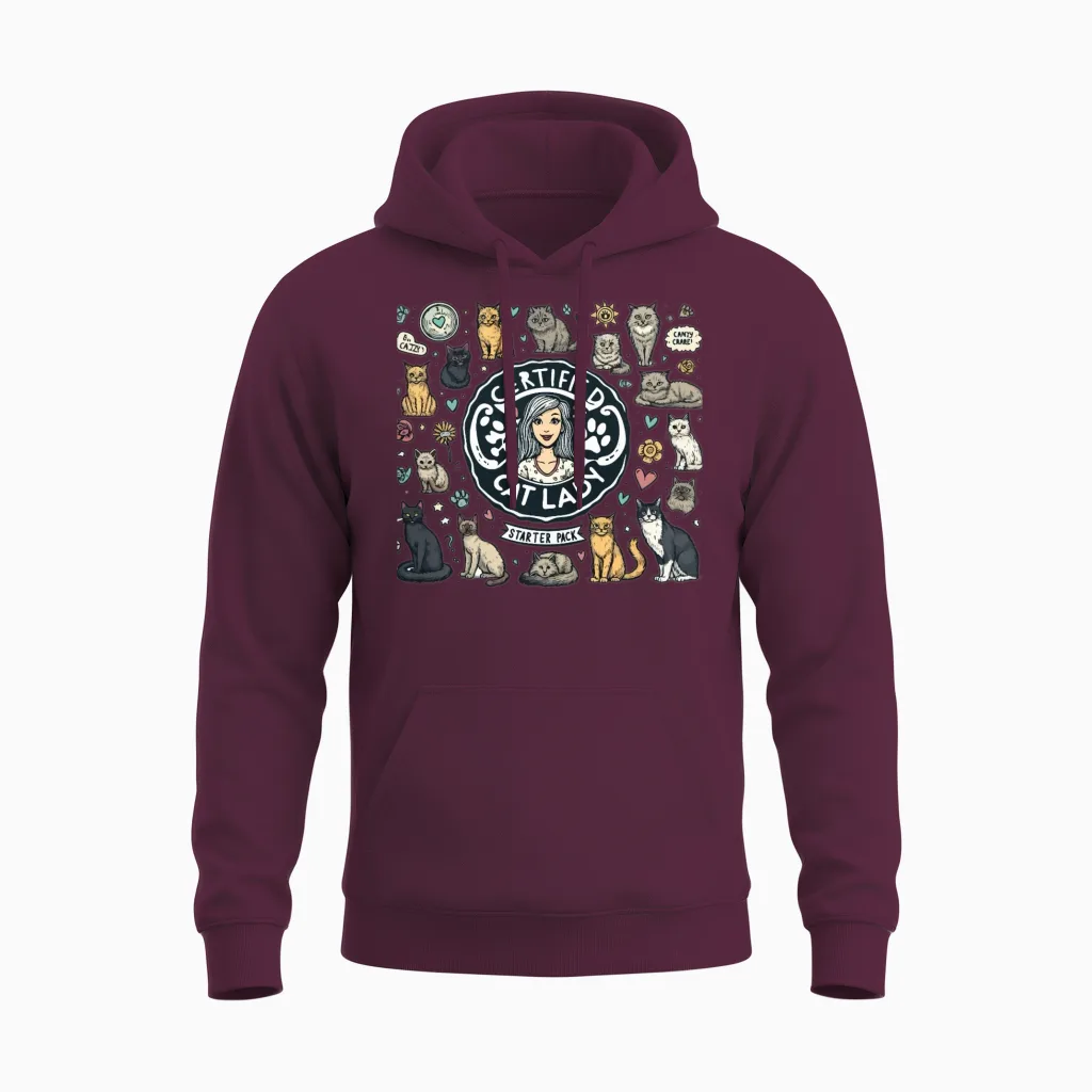 Certified Cat Lady Starter Pack Unisex Hoodie in Maroon