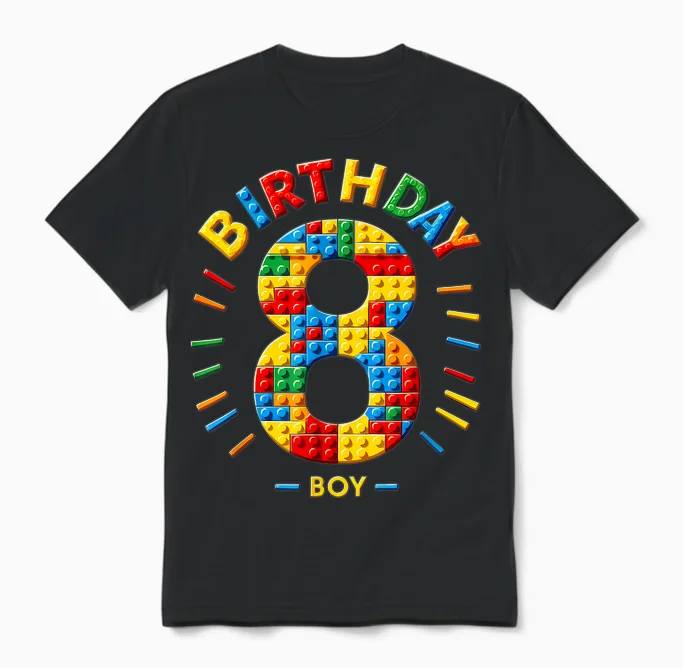Master Builder 8th Birthday Boy 8 Eight Years Building Blocks T-Shirt, Black Unisex T-Shirt in Black