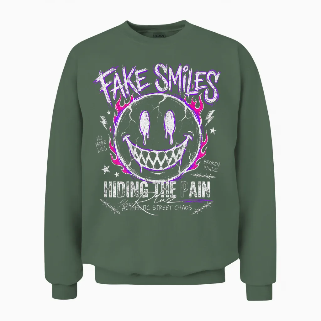 Backprint Streetwear Mode Fashion Damen Herren Retro Smile Unisex Sweatshirt in Military Green