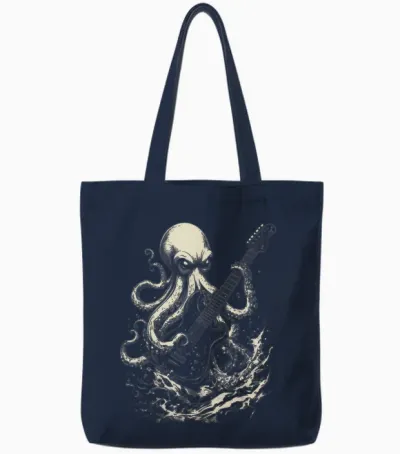 Guitar Octopus Heavy Metal Head Funny Guitarist T-Shirt, Black, S Tote Bags - Navy