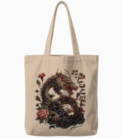 Elegant Chinese Calligraphy Dragon Yin and Yang Dragon T-Shirt, Black Tote Bags - Natural