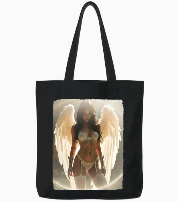 Sexy Brunette Angel Pinup Girl Long Sleeve Print Tote Bags in Black