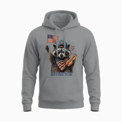 Funny Raccoon Hot Dog American Flag 4th of July Unisex Hoodie - Sport Grey