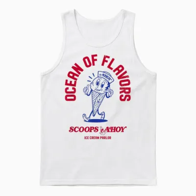 Stranger Things Scoops Ahoy Ocean of Flavors Snow Cone Logo Unisex Tank Top - White
