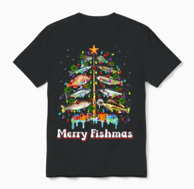 Merry Fishmas Christmas Tree Funny Fish Fishing Fisherman Unisex T-Shirt - Black