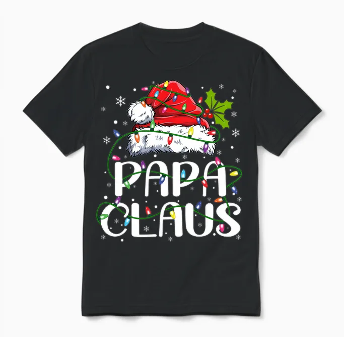 Papa Claus Christmas Lights Pajama Family Matching Unisex T-Shirt in Black