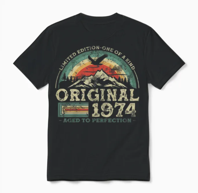 1974 Vintage Birthday Gift Unisex T-Shirt in Black