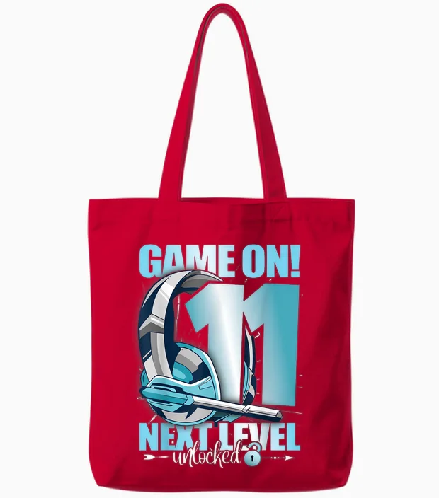 Level Unlocked 11th Birthday 11 Years Boy Girl Gaming T-Shirt, Black Tote Bags in Red