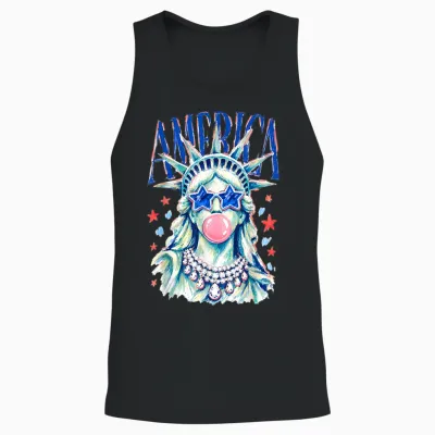 Brushstroke Statue of Liberty Blowing Bubble Gum 4th of July Unisex Tank Top - Black
